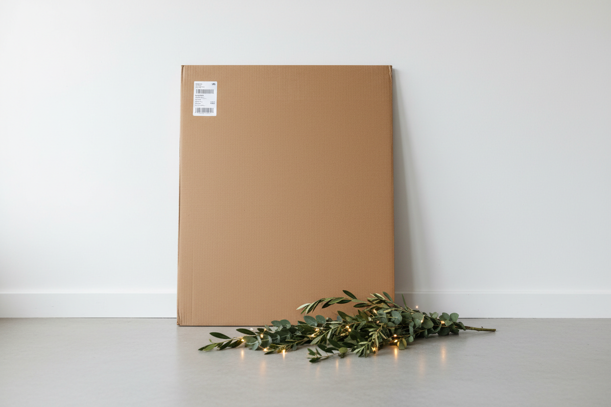 cardboard large flat package, 1m x 60cm x 10cm, leaning up against a wall with a small shipping label on the top left (doesn't have to be readable). beside it on the ground and partially on the parcel, do a christmas garland - basic green foliage, no red berries or anything, and little fairy lights amongst it - very minimalist but implying christmas delivery